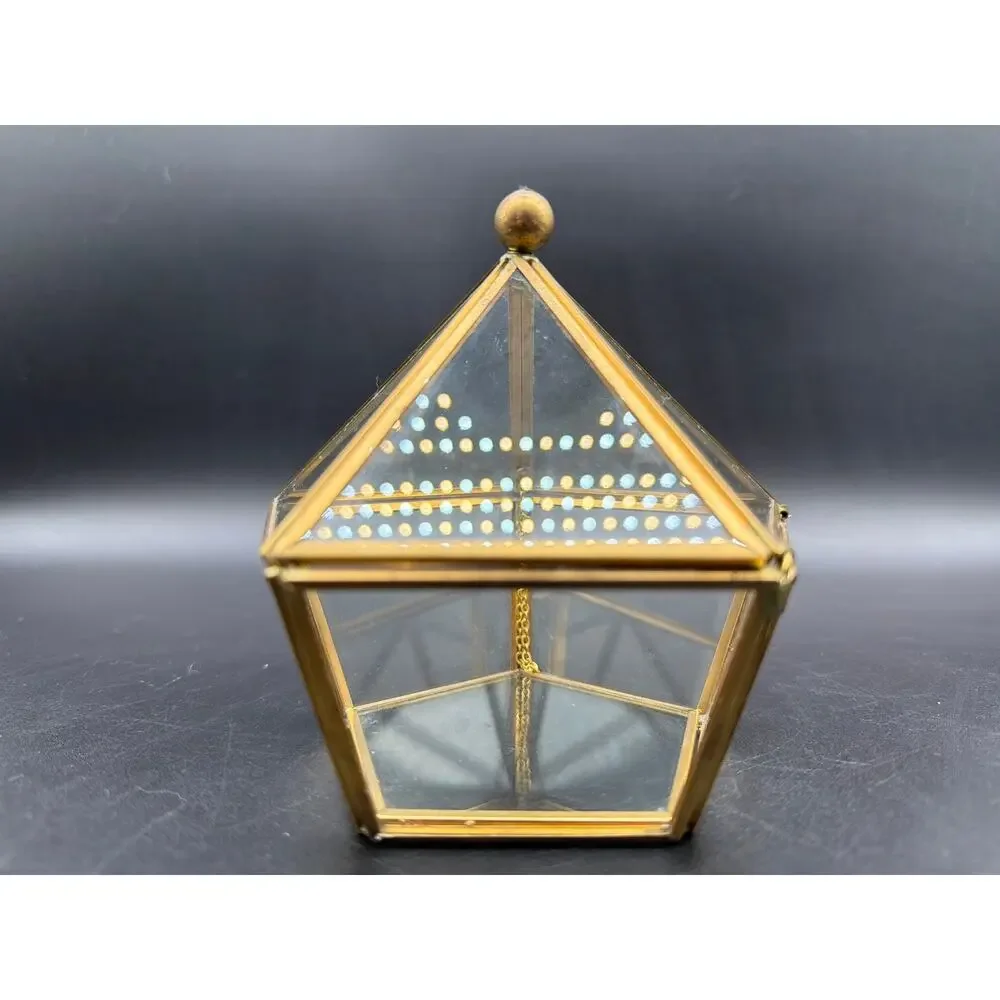 Vintage Brass Glass Pentagon Trinket Box Hinged Jewelry Case Terrarium 6.5